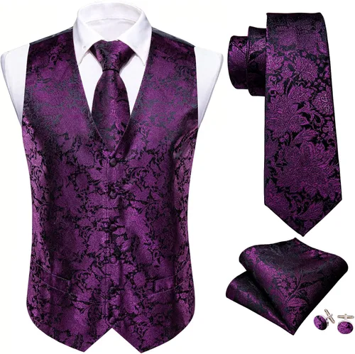 Miniatura 3 de Barry.Wang Chaleco de traje con cuello en V de cachemira para hombre, chaleco de jacquard de seda formalocio, conjunto de 5 piezas