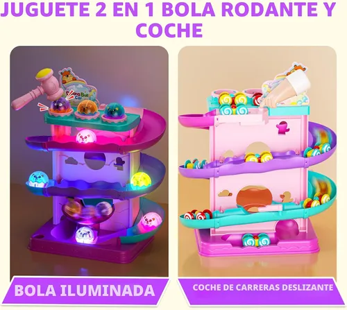 Miniatura 2 de Funwee Pista de bola rodante y coche de carreras de 2 en 1 para niños pequeños, pista de carreras con luz martillo y bola de caída, juego