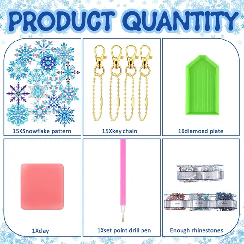 Miniatura 4 de BBTO 15 piezas de llavero de pintura de diamante de invierno con copos de nieve, adornos de pintura de diamante 5D DIY llavero de pintura