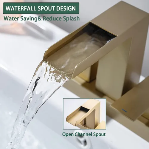 Miniatura 5 de Grifo de cascada de baño central de 4 pulgadas, 2 manijas y 3 agujeros, grifo de lavabo de cascada con desagüe desplegable con desbordamiento, oro