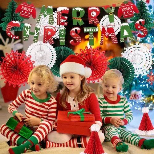 Miniatura 7 de Decoraciones de fiesta de Navidad, pancarta de Feliz Navidad, panal de abeja, sombreros de Papá Noel, árboles, copos de nieve, abanicos de papel