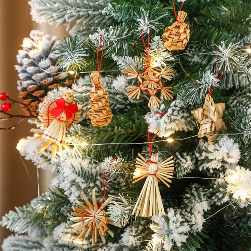 Miniatura 4 de Juego de 56 adornos de paja escandinavos de Navidad, incluyendo estrellas, copos de nieve, corazones, corona de ángel, cabras/julbuck para árbol