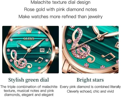 Miniatura 8 de OLEVS Relojes para mujer, oro rosa, de dos tonos, de moda, de cerámica, blanco, esfera rosa, roja, acero inoxidable, fecha impermeable