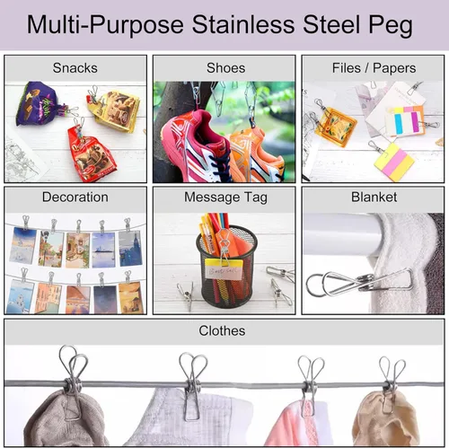 Miniatura 4 de 50 pinzas para ropa sucia – Alfileres de ropa duraderos de acero inoxidable, pinzas de alambre de metal resistentes con una bolsa de almacenamiento