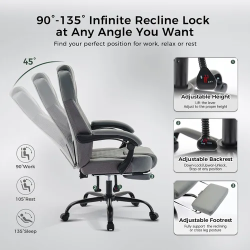 Miniatura 4 de amseatec Silla de oficina grande y alta con reposapiés, silla ergonómica de cuero con respaldo alto, bloqueo infinito reclinable de 90° a 135°, 20