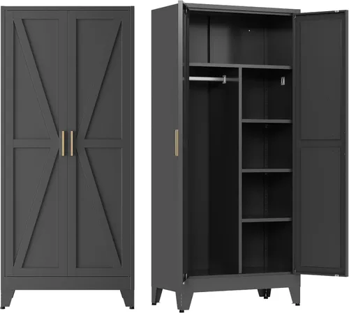 Armario de metal guardarropa con barra para colgar, gabinete de armario de metal de 71'' con 2 puertas y 4 estantes ajustables, armarios de