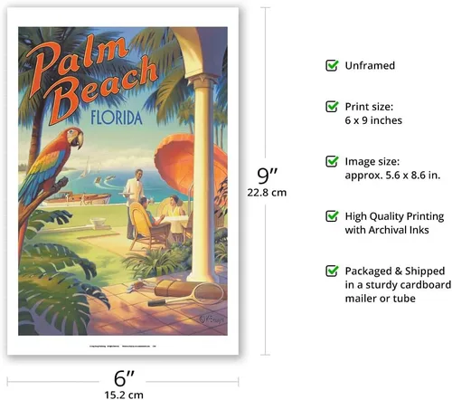 Miniatura 2 de Palm Beach Florida - Vintage Travel Poster by Kerne Erickson - Master Art Print (Unframed) 6in x 9in