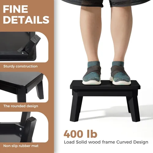 Miniatura 2 de HOUCHICS Taburete de madera, taburete de un solo paso para adultos y niños, taburetes de madera para adultos, baño, dormitorio (negro)