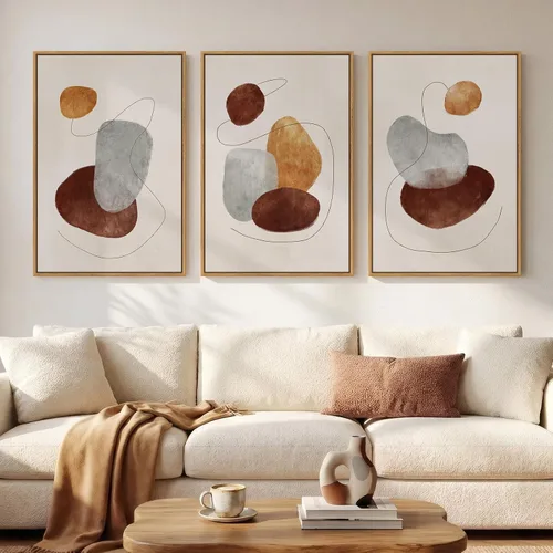 Miniatura 12 de Arte de pared abstracto neutro con marco grande para sala de estar, 3 piezas, impresiones modernas en lienzo para paredes, cuadros negros y beige