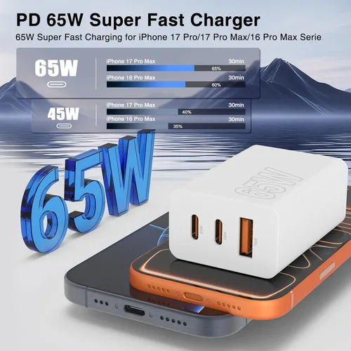 Miniatura 2 de USB C de carga súper rápida de 65 W para iPhone 17 16 Pro Max, bloque de carga USB C de 3 puertos de 100 W PD y cable trenzado tipo C de 3/6/6/10