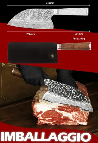 Miniatura 5 de YOUSUNLONG Cuchilla híbrida resistente para carne al aire libre, 8 pulgadas, Damasco martillado natural de madera de nogal con cuero Nuez