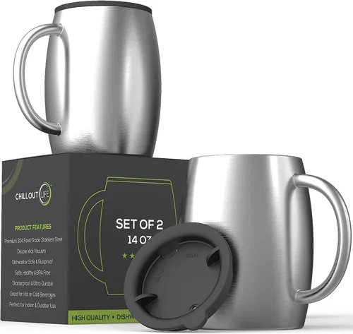 Miniatura 10 de Juego de 2 tazas de café aisladas de acero inoxidable (14 onzas) de doble pared con tapa y asa resistentes a derrames, tazas inastillables