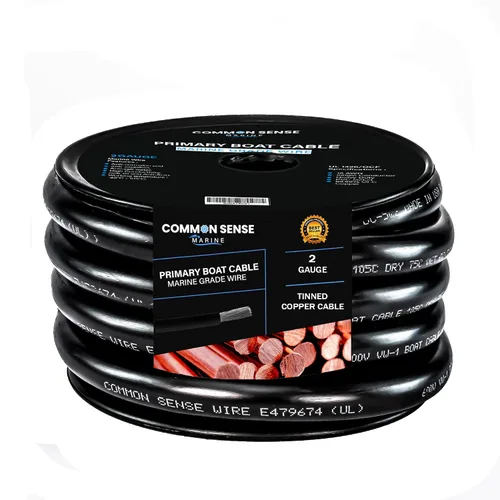 Cable primario para barco de calibre 2, alambre de grado marino de 2 x 50 pies, cobre estañado sin oxígeno, cable de PVC estándar UL 1426 de 2 AWG