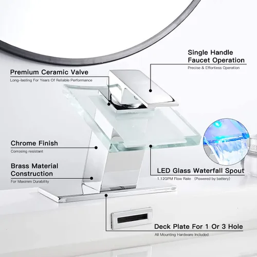 Miniatura 4 de Grifo de Lavabo de Baño con Luz LED, Boquilla de Cascada de Vidrio que Cambia a 3 Colores, Mezclador de Agua Caliente y Fría, Manija Única, un Solo
