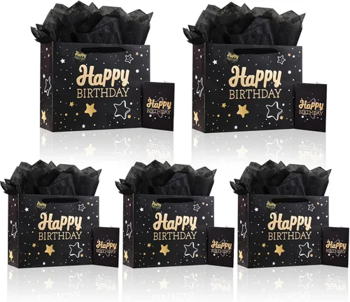Miniatura 17 de Powbrace Bolsa de regalo de cumpleaños negra con papel de seda y tarjeta de felicitación, 13 x 10.2 x 4.9 pies, mediana