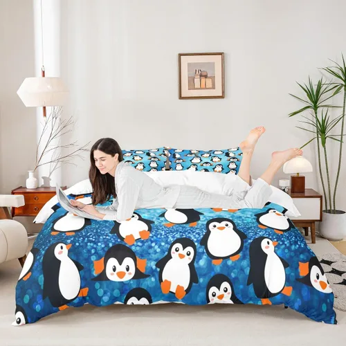 Miniatura 2 de Juego de funda de edredón de pingüinos de dibujos animados para niños, tamaño King, bonito juego de ropa de cama de animales de poste ártico