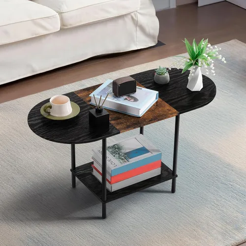 Miniatura 10 de Mesa de centro blanca para sala de estar, mesa central ovalada de mediados de siglo con estante de almacenamiento y superficie de madera, mesa de té