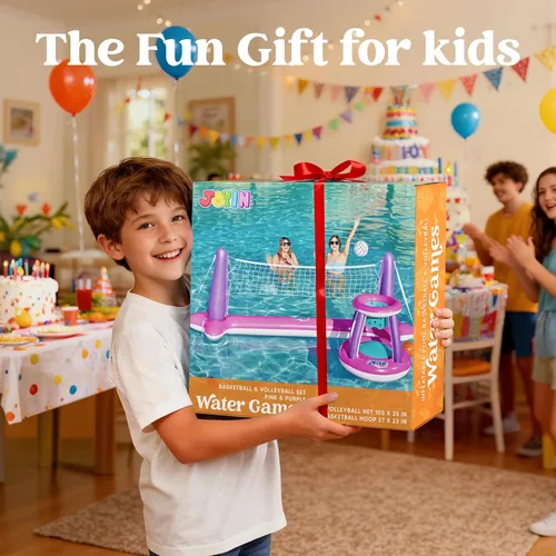 Miniatura 7 de JOYIN Juego de flotadores inflables para piscina, red de voleibol y aros de baloncesto, flotadores flotantes de juguete para niños y adultos, cancha
