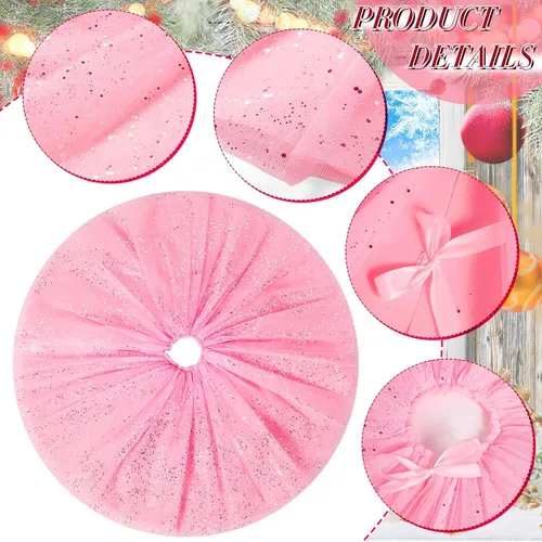 Miniatura 2 de Skylety Falda de árbol de 36 pulgadas para el día de San Valentín, falda redonda de tul con volantes y lentejuelas de doble capa para Año Nuevo, Rosa