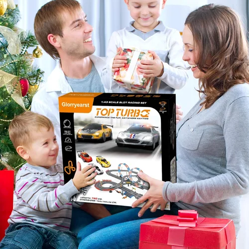 Miniatura 7 de Slot Car Race Track a escala 1:43 para niños, pistas LED eléctricas, doble carreras, 4 autos con faros, juguete grande, juego de pistas de regalo