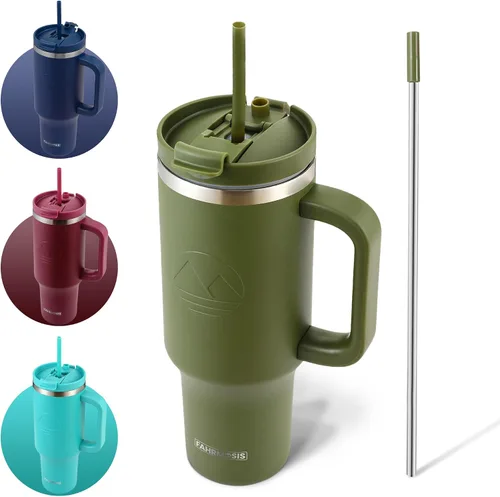 Miniatura 20 de FAHRMOSIS Vaso de 40 onzas con asa y pajita, taza aislada que cabe en el portavasos para bebidas frías y calientes, vaso a prueba de fugas