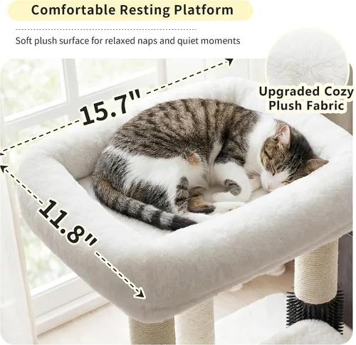 Miniatura 3 de Heybly Poste rascador para gatos, torre de árbol pequeño para gatos con 3 postes de sisal completos, cama de felpa extraíble, cepillo de aseo