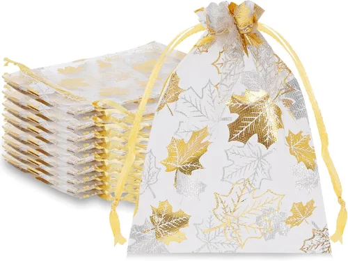 Whaline 100 bolsas de organza de otoño con cordón de hojas de arce doradas, bolsas de regalo de joyería de Acción de Gracias, bolsa de regalo de