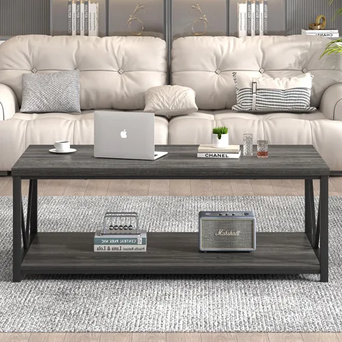 Miniatura 7 de FOLUBAN Mesa de centro con almacenamiento, mesas centrales pequeñas modernas para espacios pequeños, mesa de cóctel de madera rústica y metal