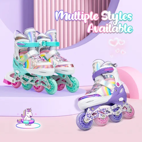 Miniatura 7 de SULIFEEL Patines en línea de unicornio arcoíris para niñas y niños, 4 tamaños, ajustables, con ruedas iluminadas, para niños principiantes b púrpura
