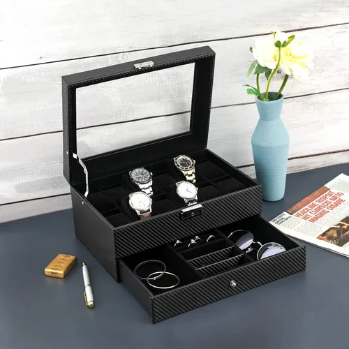 Miniatura 6 de Oyydecor Caja de reloj con 12 ranuras, organizador de relojes, organizador de joyas con cajón de joyería para almacenamiento y exhibición