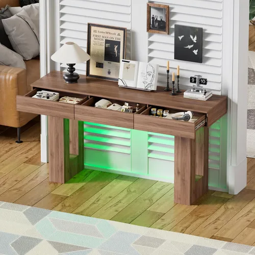 Miniatura 8 de PAKASEPT - Mesa de consola de 63 pulgadas con luces LED coloridas y 3 cajones, mesa de sofá rectangular de madera detrás del sofá, mesa de entrada