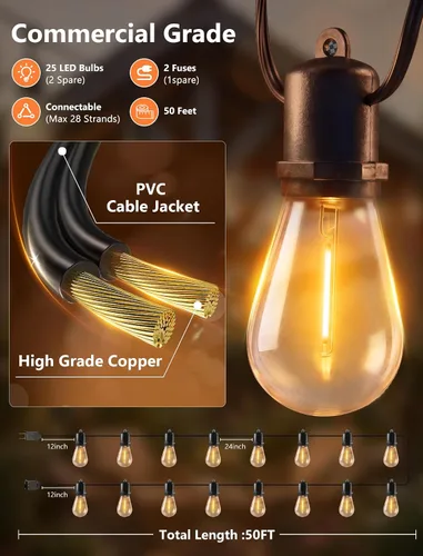 Miniatura 2 de 50FT LED Outdoor String Lights Waterproof with 27 Edison Vintage Shatterproof Bulbs, Hanging Commercial Grade Outdoor Patio Lights for Backyard
