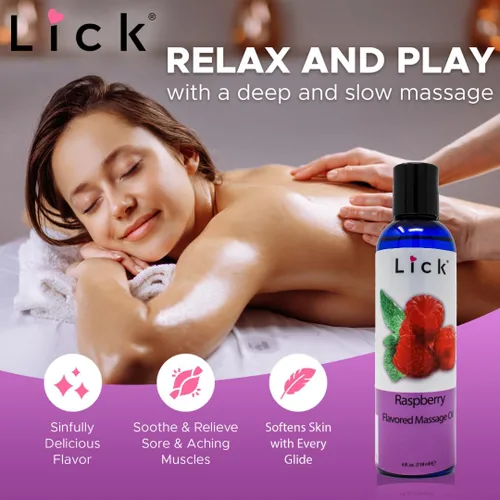 Miniatura 6 de Lick Aceite de masaje con sabor a frambuesa, aceite de masaje comestible de bayas brillantes con aceite de almendras dulces y vitamina E