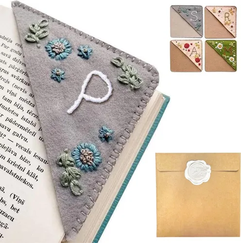 Miniatura 94 de Marcapáginas de esquina bordado a mano personalizado, 26 letras con costura a mano de fieltro, marcapáginas de esquina con bordado de flores lindo