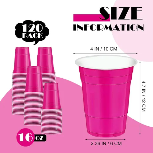 Miniatura 2 de 120 piezas 16 onzas vasos de plástico rosa para el Día de San Valentín, vasos de plástico rosa intenso para fiestas, vasos para bebidas, Rosa fuerte