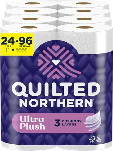 Papel higiénico acolchado Northern Ultra Plush, 24 mega rollos = 96 rollos regulares, 3 veces más grueso*, tejido de papel de baño suave de 3 capas