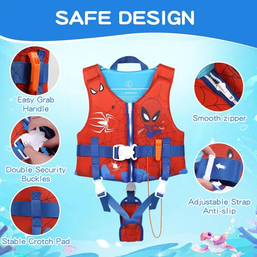 Miniatura 5 de Chaleco de natación para niños pequeños de 1 a 9 años, chaqueta de ayuda para la seguridad del agua con cinturón ajustable en la entrepierna