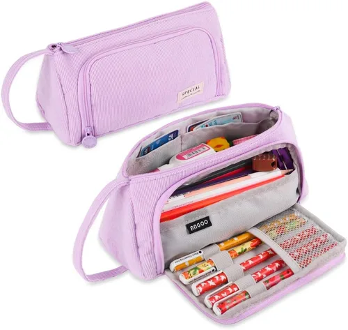 Miniatura 8 de iSuperb Estuche de gran capacidad para lápices, bolsa de pana grande, bolsa portátil para bolígrafos con cremallera, organizador de maquillaje