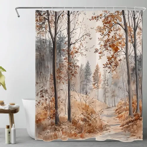 Miniatura 8 de EOBTAIN Cortina de ducha de hojas de otoño, colibrí y hojas de eucalipto sobre blanco, cortina de ducha para baño, cortina de baño de tela de Marrón
