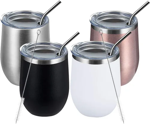 Miniatura 47 de MEWAY Vaso de vino sin tallo de 12 onzas con tapa, vaso de viaje de acero inoxidable con aislamiento de doble pared al vacío con popote, para Negro