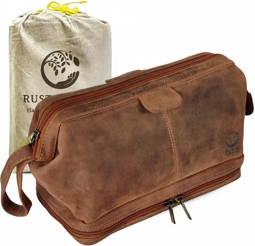 Neceser de cuero para hombre - Kit Dopp para viajes, afeitado, viajes nocturnos, Marrón, M