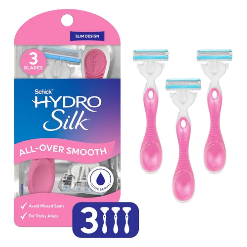 Schick Hydro Silk - Maquinillas de afeitar desechables de 3 hojas para mujer, 3 unidades, esenciales de viaje, afeitadora para mujer, diseño