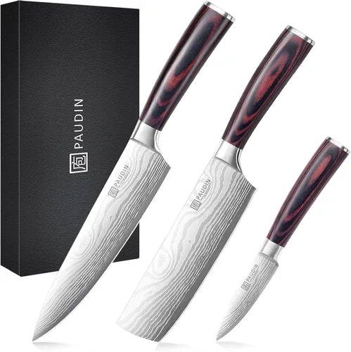 PAUDIN Juego de cuchillos de cocina, 3 piezas de acero inoxidable de alto carbono, juego de cuchillos de chef profesionales con hoja ultra afilada y