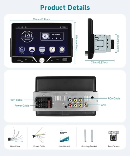 Miniatura 7 de Estéreo de automóvil de un solo DIN con cable Carplay Android Auto, Sellrich de 7 pulgadas, pantalla táctil, Bluetooth, radio para automóvil