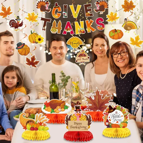 Miniatura 6 de Blosssound 29 piezas de decoraciones de fiesta de Acción de Gracias – Centros de mesa de nido de abeja de hoja de arce de pavo y calabaza, pancartas