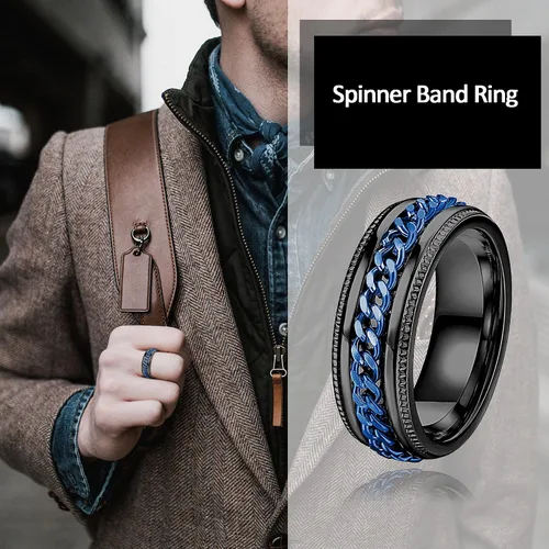 Miniatura 4 de FIBO STEEL - Anillos de acero inoxidable de 8mm para hombres, anillos con cadena incrustada y borde con textura, disponible en tallas 7-14