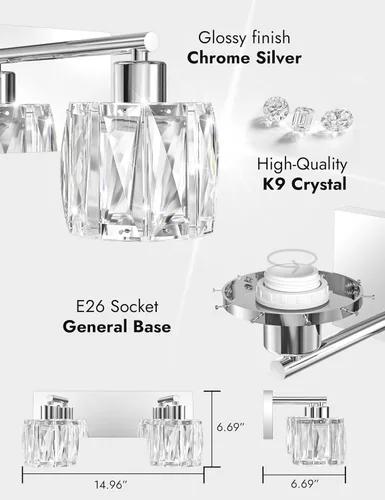 Miniatura 6 de VOLISUN Luces de Tocador de Cristal - 2 Luces Modernas de Acero Inoxidable para Baño Sobre Espejo, Acabado Cromado - Certificado UL