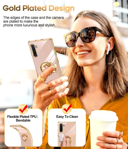 Miniatura 6 de LeYi Funda para Note 10 - Soporte de anillo giratorio de 360°, soporte magnético, funda protectora con borde de oro rosa chapado
