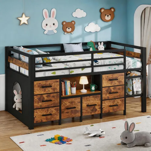 Miniatura 9 de Einhomn Litera matrimonial sobre matrimonial, cama de metal resistente con escalera y barandilla de longitud completa, espacio de almacenamiento