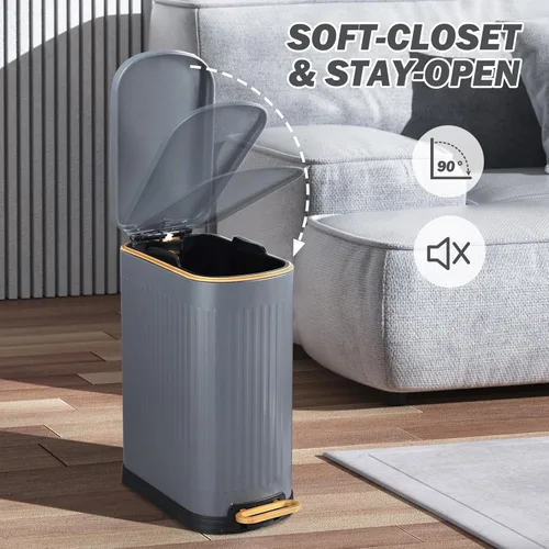 Miniatura 4 de SYNCVIBE Cubo de basura delgado para baño con tapa de cierre suave, cubo de basura de acero inoxidable con pedal, cubo de basura con cubo